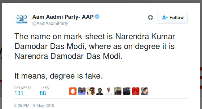 AAP Narendra Modi Degree Fake